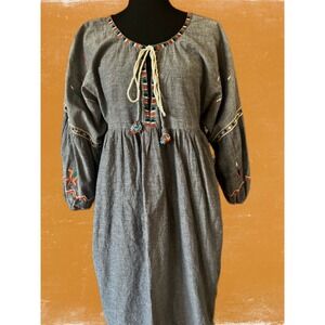 Z&L Dress Grey Embroidered Boho Peasant Midi Beaded Tassels  Womens